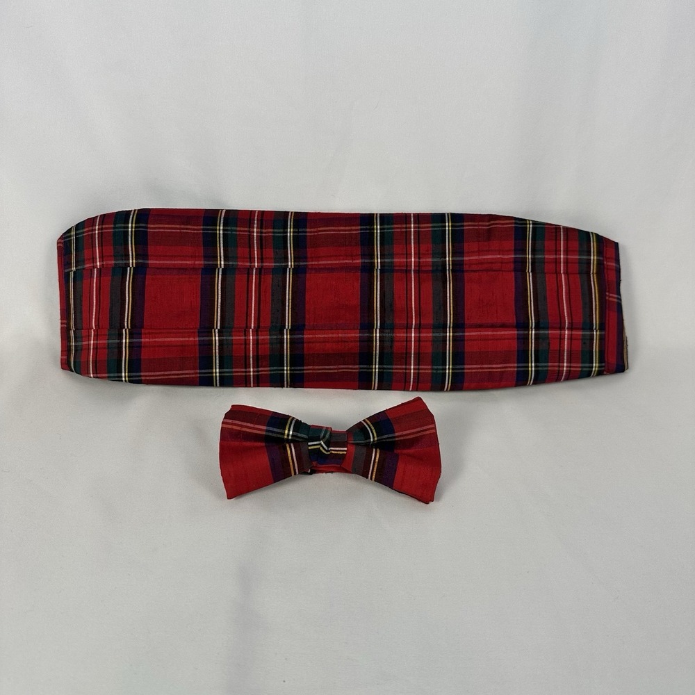 Vintage Santana Silk Bowtie & Cummerbund Set Red Tartan Plaid Pre-Tied Formal